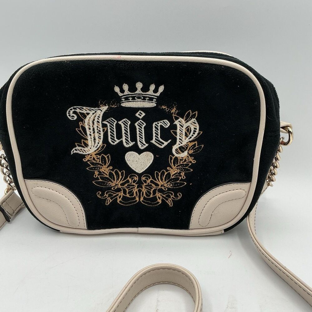 Juicy Couture Black Velour Crossbody Bag Embroidered Crown Heart Logo Cream Trim